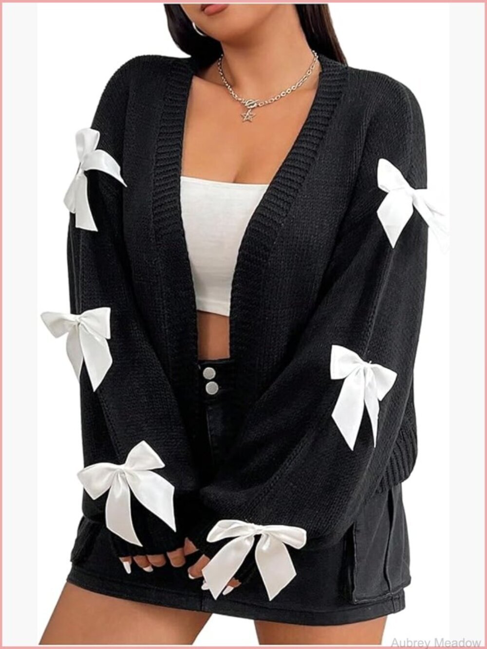 Women's Plus Size Bow Cardigan Open Front Long Sleeve Drop Shoulder